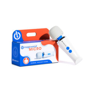 Magic Wand Micro – ultra-compact rechargeable wand massager with box, featuring silicone head and blue controls