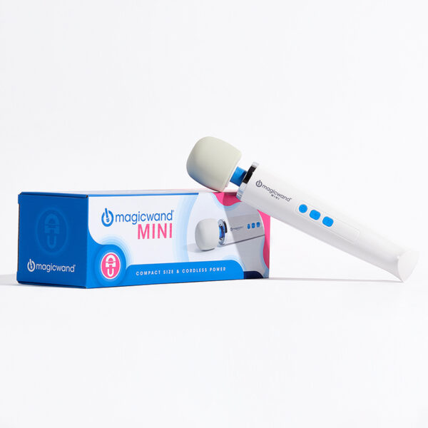 Magic Wand Mini cordless massager with box – compact silicone wand with blue controls