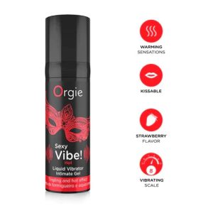 Orgie Sexy Vibe Hot Liquid Vibrator Tingling and Hot Effect 15 ml product image A bottle of Sexy Vibe hot liquid vibrator displayed alongside an infographic highlighting four key product features of this strawberry liquid vibrator gel.