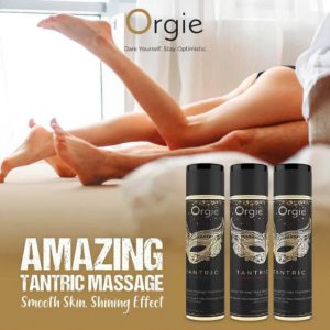 Luxury Tantric Massage Oil product image Promotional lifestyle image featuring two people on a bed with the heading "Amazing tantric massage," showcasing an unhurried, romantic atmosphere.