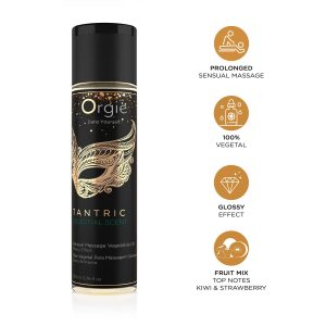 Luxury Tantric Massage Oil product image Product feature graphic of the Tantric Oil bottle highlighting four key benefits: nourishing oils, long-lasting glide, glossy effect, and sensual stimulation.