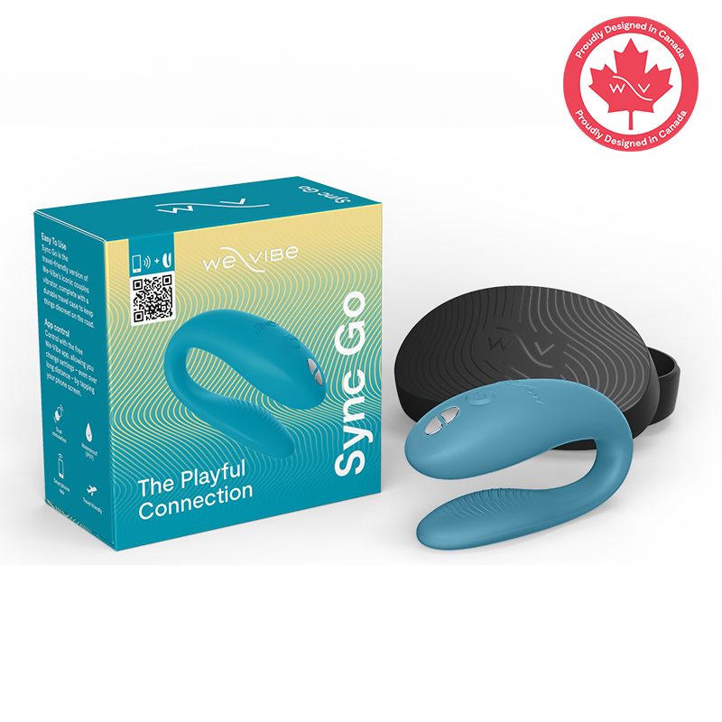 We-Vibe Sync GO Hands-Free Vibrations product image We-Vibe Sync Go in Turquoise packaging featuring the official Canadian Maple Leaf authenticity label, with the device and travel case displayed alongside the open box.