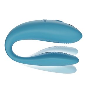 We-Vibe Sync GO Hands-Free Vibrations product image We-Vibe Sync Go in Turquoise packaging featuring the official Canadian Maple Leaf authenticity label, displayed with the device and its black travel case.