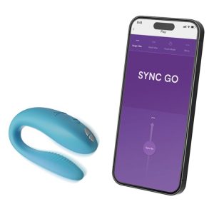 We-Vibe Sync GO Hands-Free Vibrations product image The Turquoise We-Vibe Sync Go displayed next to a smartphone screen showing the We-Vibe app interface for remote control.