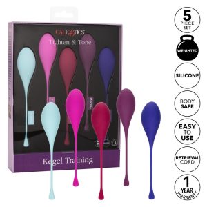 California Exotics - Kegel Training 5 Piece Set product image CalExotics Kegel Training Set product infomercial graphic highlighting silicone, weighted design, and retrieval cord features