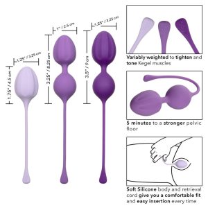 CalExotics Kegel Training 3-Piece Set product image CalExotics Kegel Training Set dimension infographic showing weight gradations and insertion guide