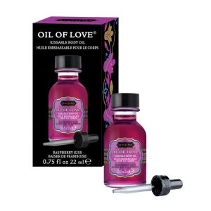 Kama Sutra Oil of Love Raspberry Kiss bottle – kissable warming foreplay oil with sweet raspberry flavor and water-based formula for intimate play.