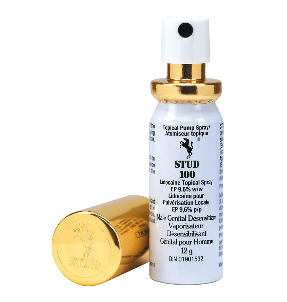 Stud 100 Delay Spray for Men - 12g product image Stud 100 desensitizing spray bottle standing upright with its cap off.