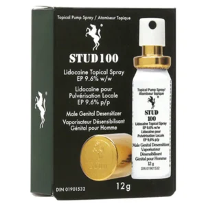 Front packaging and canister view of the Stud 100 Delay Spray for Men.