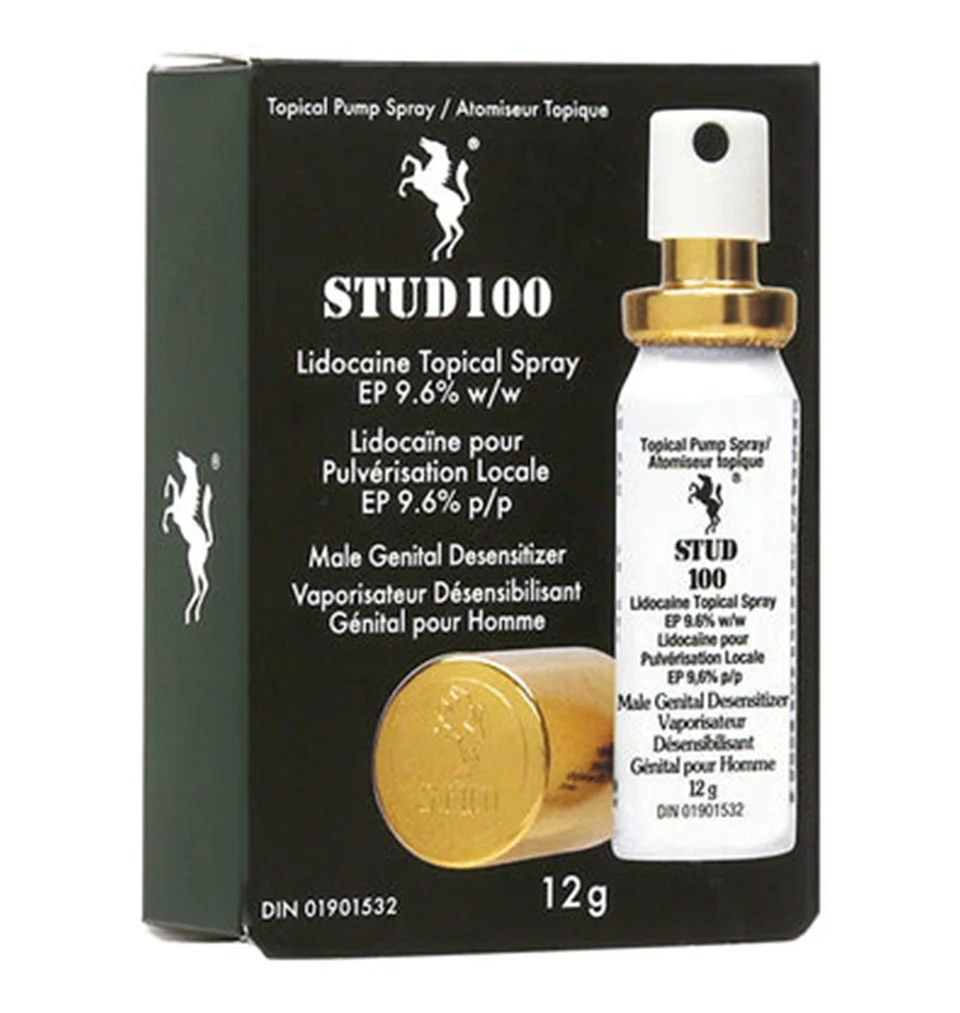 Stud 100 Delay Spray for Men - 12g product image Front packaging and canister view of the Stud 100 Delay Spray for Men.