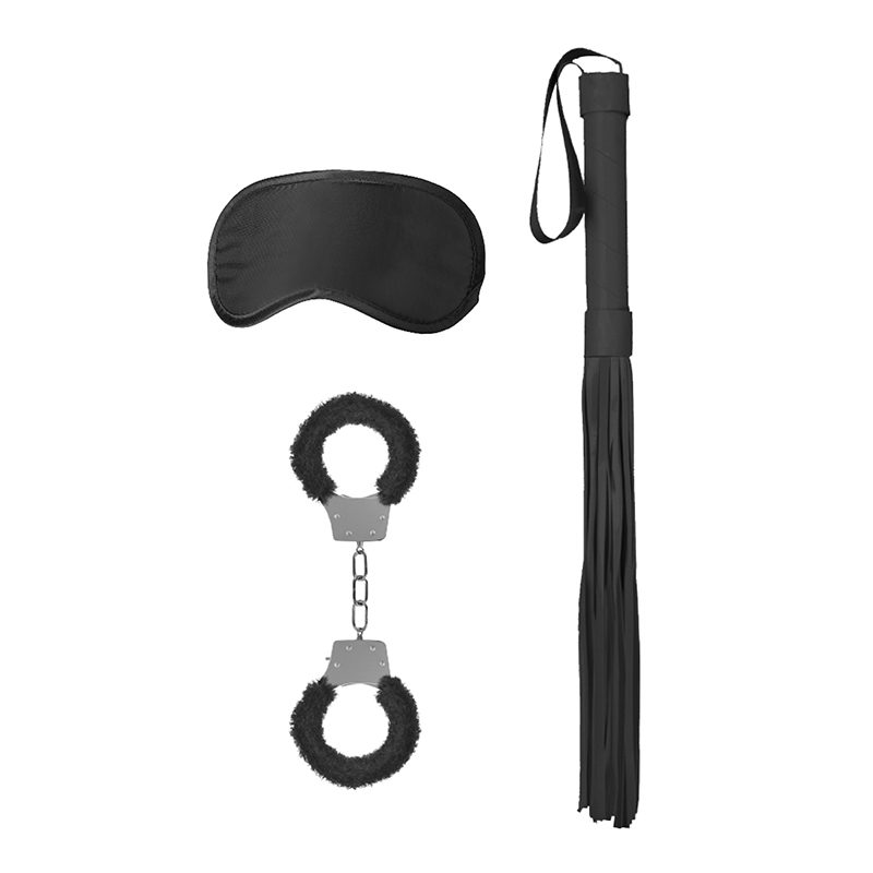 Ouch Introductory Bondage Fantasy Kit product image Ouch introductory bondage kit showing the black satin mask, furry metal handcuffs, and flogger.