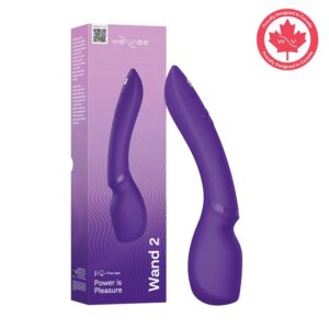 We Vibe Wand 2 Cordless Vibrating Massager in purple with retail packaging box, showing ergonomic curved design and brand logo.