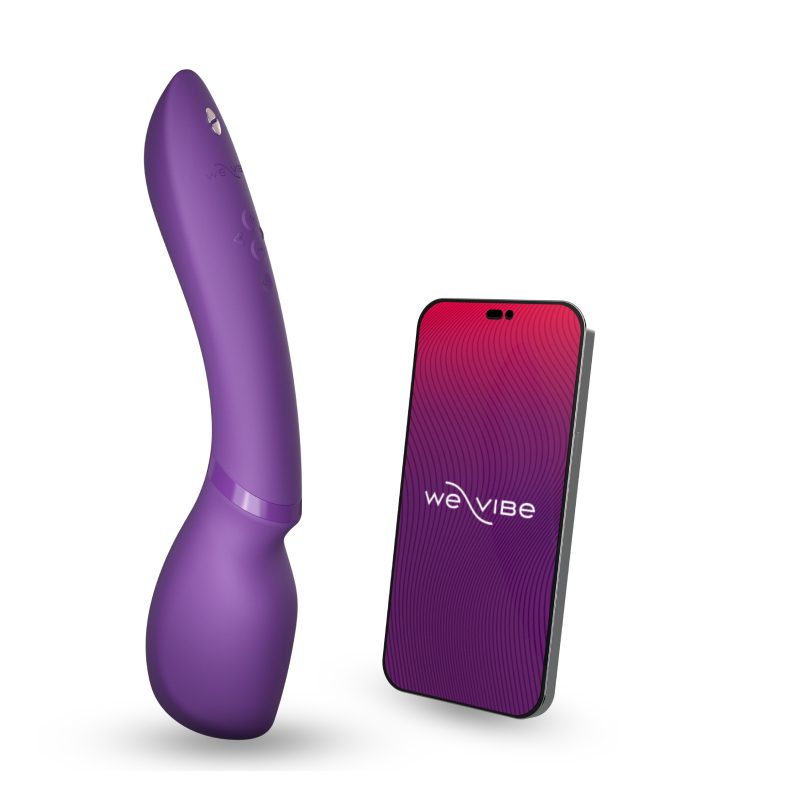 We Vibe Wand 2 Cordless Vibrating Massager shown beside smartphone demonstrating We-Connect App control and Bluetooth compatibility.