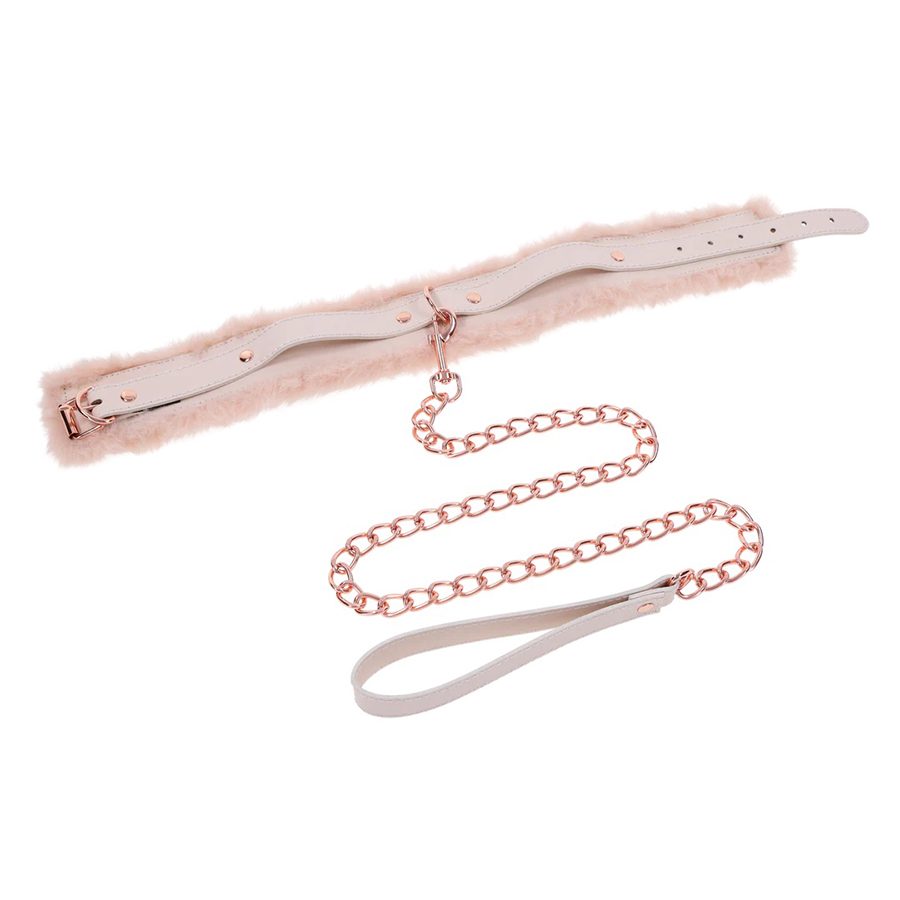Peaches ‘n CreaMe Faux Fur Collar & Leash Set product image Peaches n CreaMe peach fur collar laid flat showcasing the detached rose gold chain leash accessory.