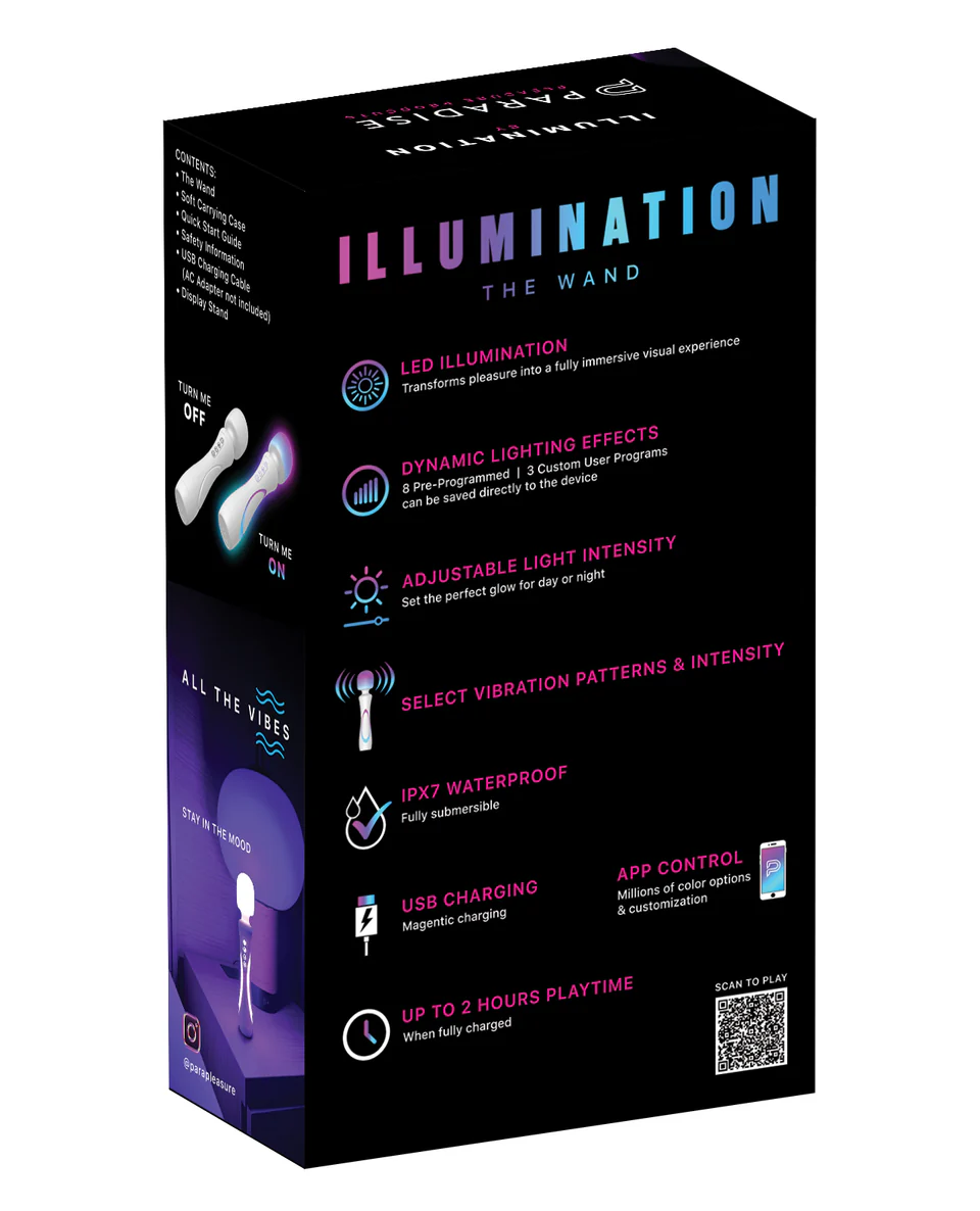 Illumination THE Wand App Controlled LED Vibrator product image Retail packaging back view showing features and specifications for the Illumination by Paradise luxury wand