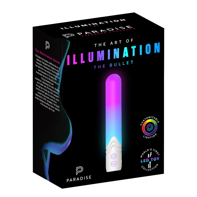 Illumination THE Bullet App Controlled LED Vibrator product image Luxury retail gift packaging box for the Illumination by Paradise premium wand massager