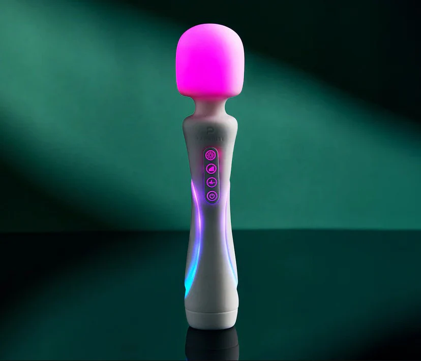Illumination THE Wand App Controlled LED Vibrator product image Trendsetting illuminated wand vibrator glowing with bright neon pink and blue RGB LED lighting