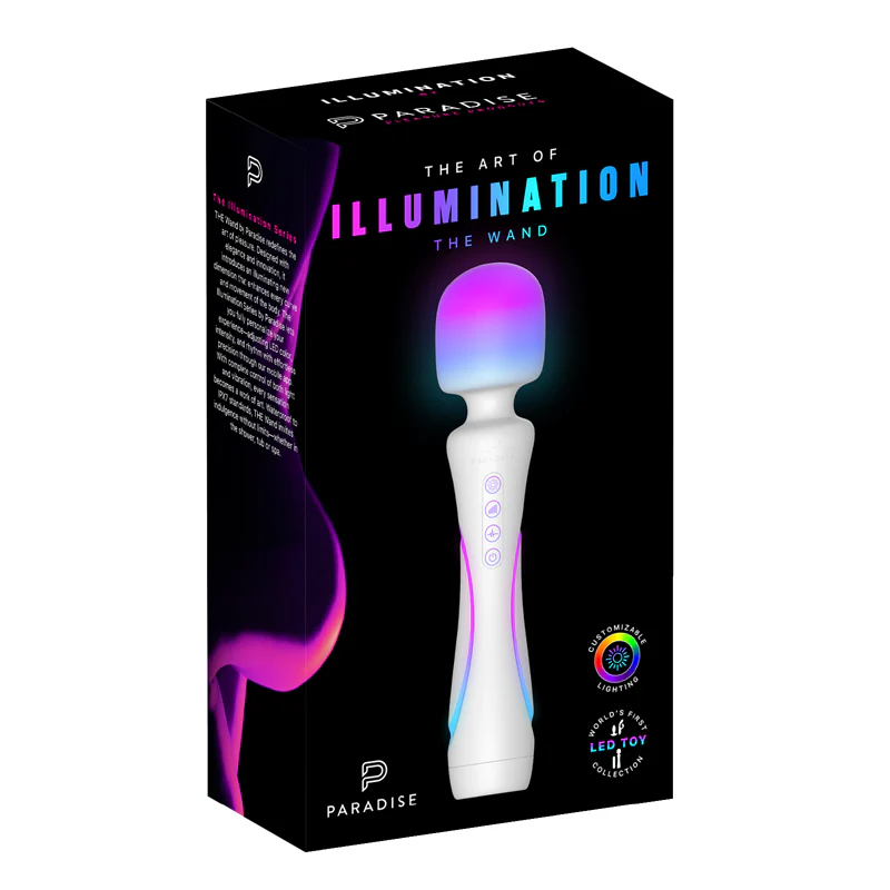 Illumination THE Wand App Controlled LED Vibrator product image Illumination THE Wand luxury product box contents including magnetic USB charging cord and suede travel pouch