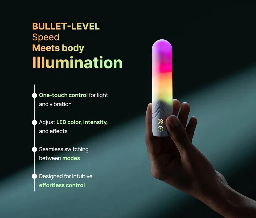 Illumination THE Bullet App Controlled LED Vibrator product image Close-up of the single button user interface on the handle showing level speeds for the app controlled led vibrator