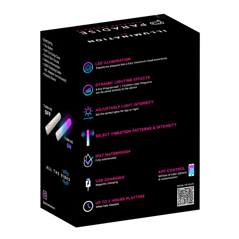 Illumination THE Bullet App Controlled LED Vibrator product image Back view of the retail product box showing technical features and specifications for the Illumination bullet