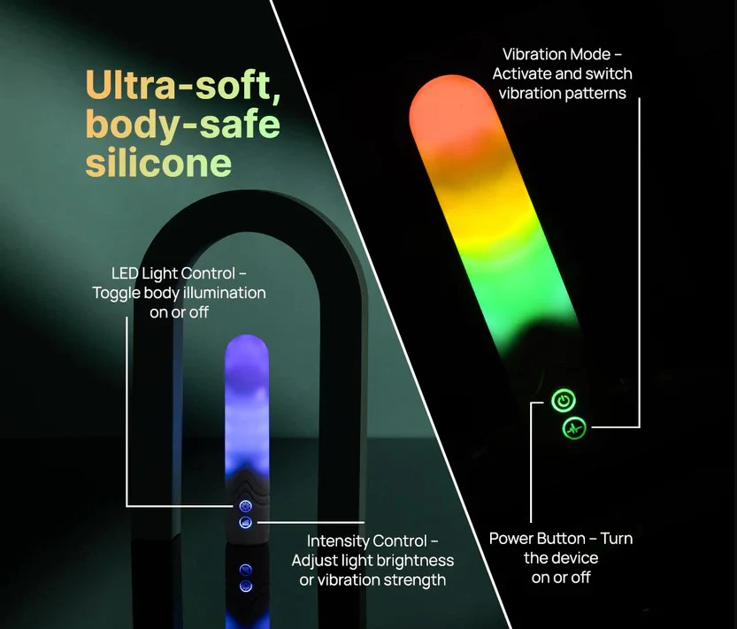 Illumination THE Bullet App Controlled LED Vibrator product image Premium ultra soft body safe silicone casing on the high tech bullet vibrator completely illuminated with RGB lighting