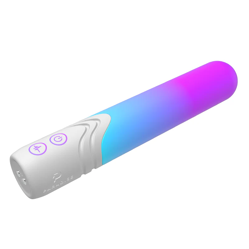 Illumination THE Bullet App Controlled LED Vibrator product image Premium white silicone mini bullet vibrator illuminated with bright neon lights isolated on a white background