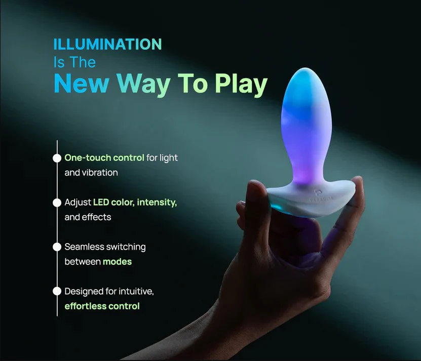 Illumination THE Plug App Controlled LED Butt Plug product image Marketing graphic titled new way to play showcasing the high tech app control capabilities of the illuminated plug