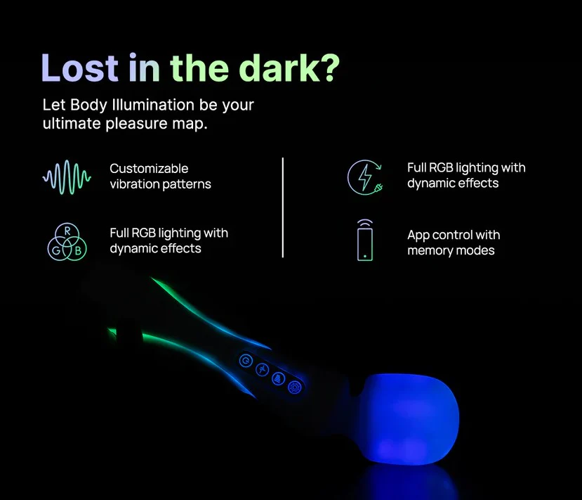 Illumination THE Wand App Controlled LED Vibrator product image Illumination by Paradise wand glowing in a dark room with full spectrum custom RGB LED lights