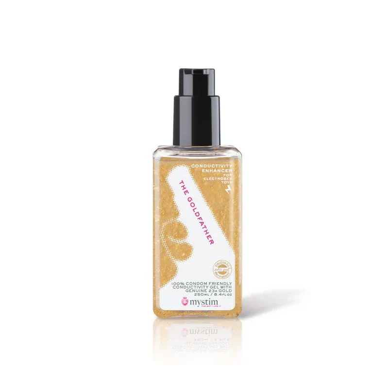 Mystim Tickling Truman Black Edition + Goldfather Bundle product image Mystim The Goldfather Conductivity Enhancer Gel 250ml pump dispenser bottle front view