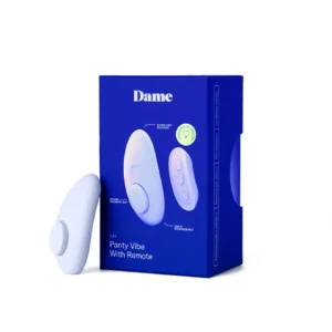 Dame Pom palm vibrator displayed next to its retail packaging box