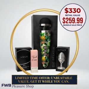 FWB Pleasure Shop bundle deal featuring a Doxy Die Cast 3R wand massager, Tush Ease anal relaxant, LELO F1L moisturizer, and a metal ribbed butt plug, priced at $259.99.