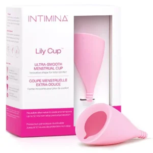 Intimina Lily Cup next to its official retail packaging with the menstrual cup displayed prominently in the front.
