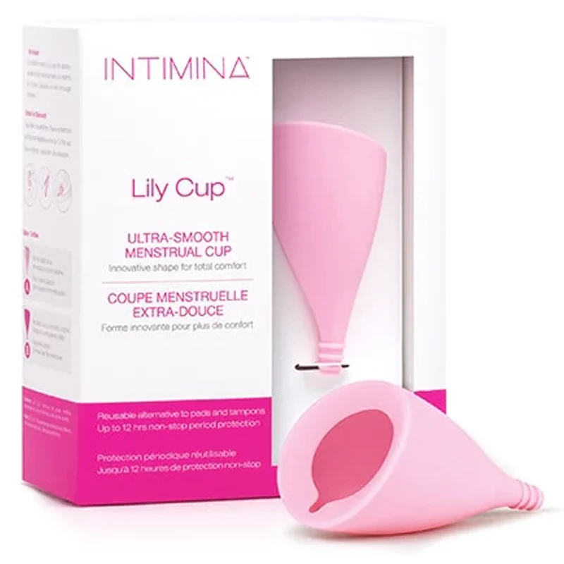 Intimina Lily Cup (Reusable Menstrual Cup) product image Intimina Lily Cup next to its official retail packaging with the menstrual cup displayed prominently in the front.