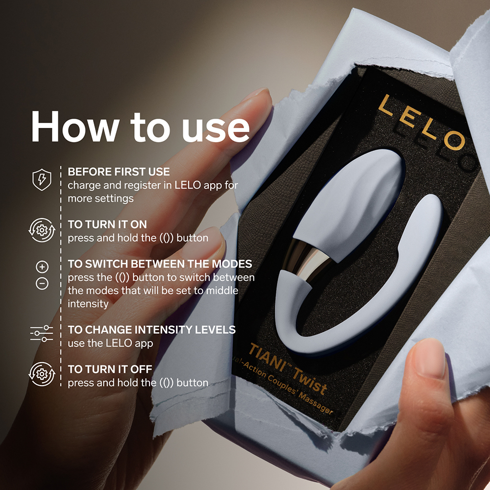 LELO TIANI⢠Twist App-Connected Couples Massager product image Quick-start guide graphic illustrating how to use the device.