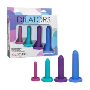 4-Piece beginner progressive dilator set with packaging and silicone toys displayed