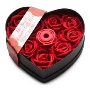 Rose Lovers Gift Box Red displayed open, showcasing the black air-pulse rose toy nestled inside a heart-shaped box of red everlasting roses.