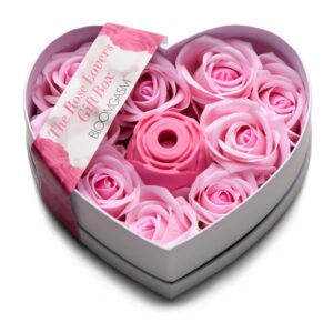 Rose Lovers Gift Box Pink displayed open, showcasing the black air-pulse rose toy nestled inside a heart-shaped box of pink everlasting roses.