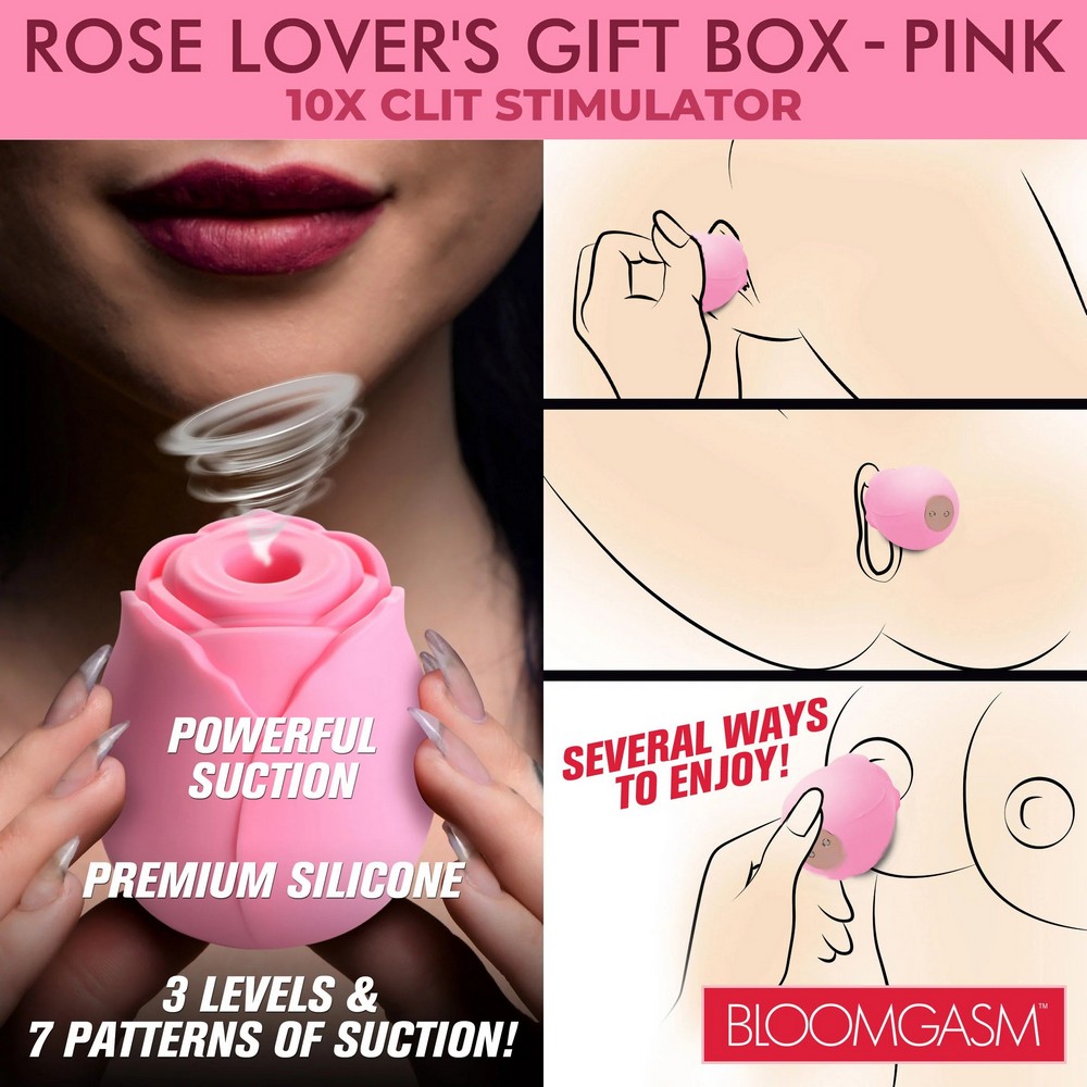 Rose Lovers Gift Box Pink product image Close-up of the Rose Lovers Gift Box Pink showing the air-stimulation toy mechanism, featuring 3 intensity levels and 7 suction patterns.