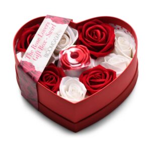 Rose Lovers Gift Box Swirl shown closed with its decorative product banner wrap across the heart-shaped box.