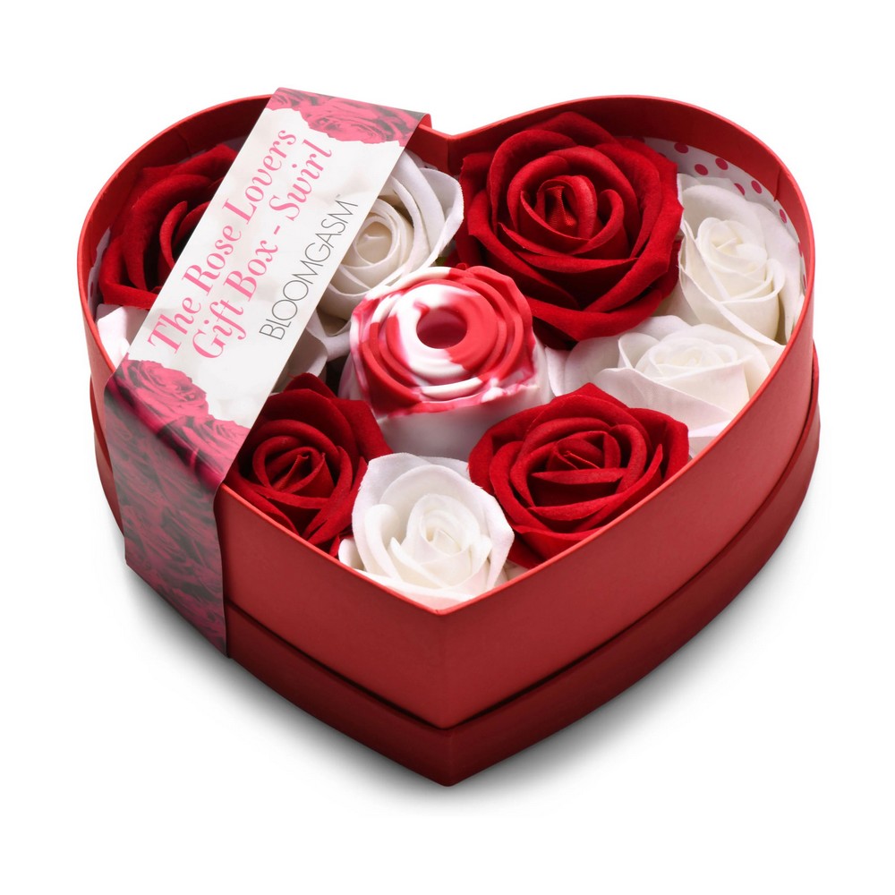 Rose Lovers Gift Box Swirl product image Rose Lovers Gift Box Swirl shown closed with its decorative product banner wrap across the heart-shaped box.