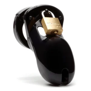 CB-X CB-3000 male chastity cock cage kit in medical grade polycarbonate with padlock attached.