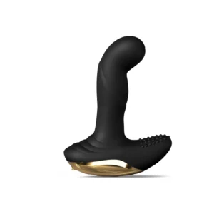 Studio product shot of the black and gold Dorcel P-Finger remote control prostate stimulator standing upright on a clean background.