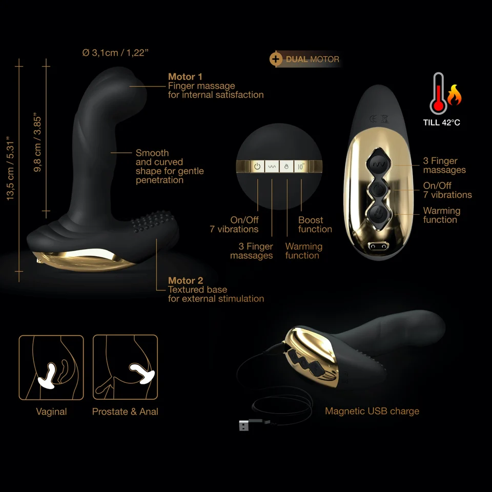Dorcel P-Finger Remote Control Vibrator product image Informational feature infographic detailing the Dorcel P-Finger dual motors, remote control range, magnetic USB charger, positioning guide, and internal heat function.