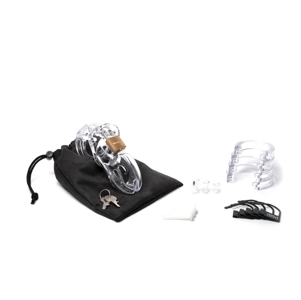 CB-X CB-3000 Male Chastity Cock Cage Kit - Clear product image CB-X CB-3000 clear chastity cage kit accessories showing sizing rings, lock, and storage bag.