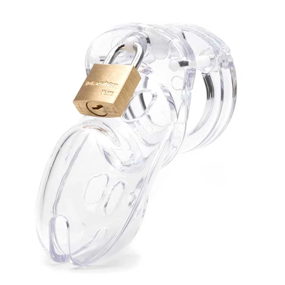 CB-X CB-3000 Male Chastity Cock Cage Kit - Clear product image CB-X CB-3000 clear male chastity cock cage kit in transparent polycarbonate with brass padlock.